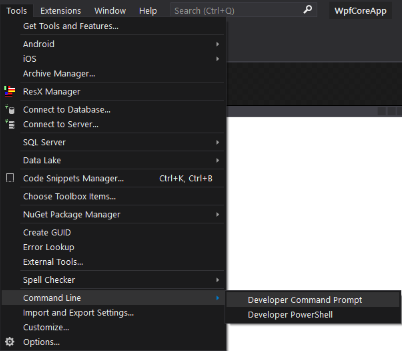 tools > command line > developer command prompt